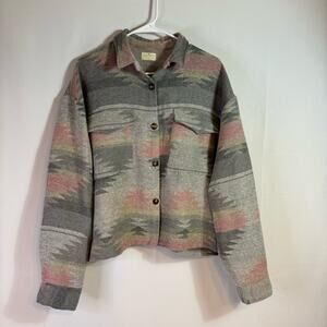 Simply Southern Grey & Pink Aztec Patterned Button Down Jacket Size XL Bin1